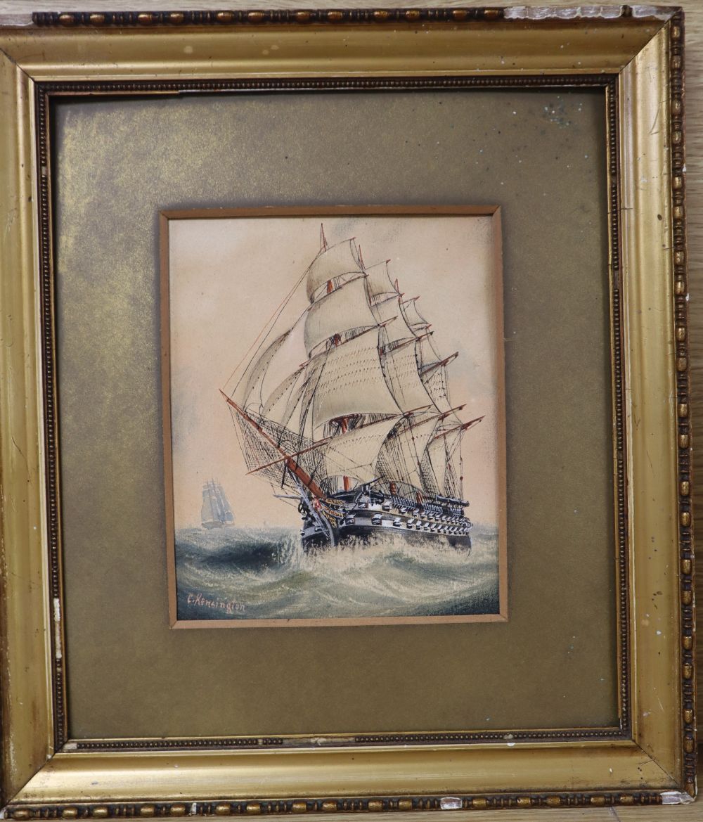 C. Kensington, watercolour, 19th century warship at sea, signed, 17 x 14cm